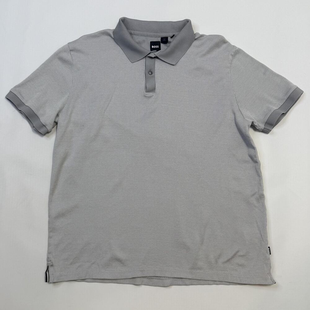 Boss Polo Shirt Mens 2XL Gray Geometric Knit Short Sleeve Performance Casual